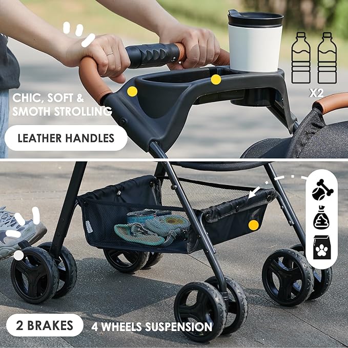 3 in 1 Folding Dog Stroller, Pet Folding Stroller, 4 Wheels Dog/Cat Puppy Stroller w/Removable Travel Carrier for Small/Medium Pet, Waterproof Pad, Car Seat, Sun Shade