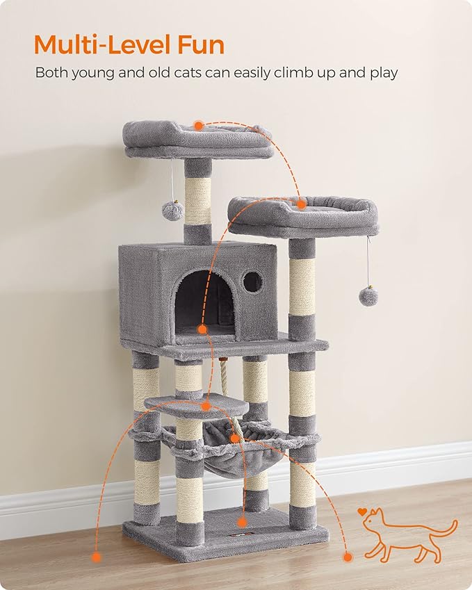 Feandrea Cat Tree, 44.1-Inch Cat Tower for Indoor Cats, Multi-Level Cat Condo with 11 Scratching Posts, 2 Perches, Cave, Hammock, Light Gray UPCT215W01