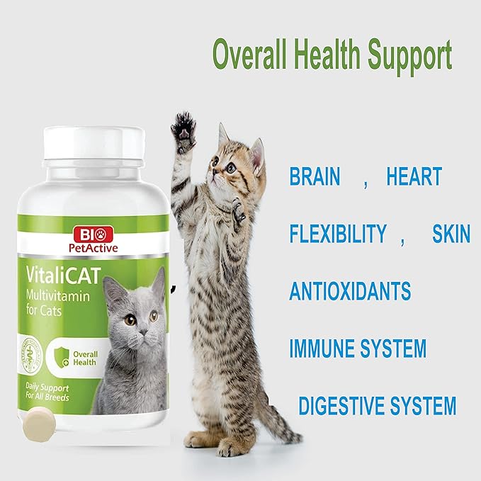 VitaliCAT Multivitamin for Cats, Skin and Coat Supplement, Cat Prenatal Health Supplies, Vitamin A + E + B9 + B5 + H + Biotin + Amino Acids for Cats, 150 Chewable Tablets