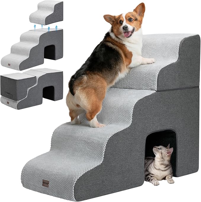 Dog Stairs for High Beds with Tunnel, 5-Step Dog Steps for Small Dogs and Cats, Foldable Pet Stairs for High Bed Climbing, Non-Slip Balanced Pet Step Indoor, Light Grey