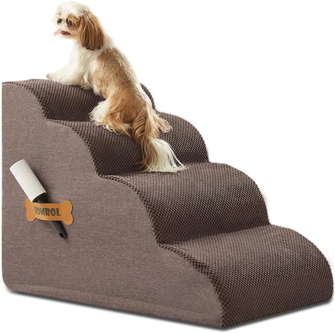 Dog Stairs, Romrol Dog Steps Ramp for High Bed and Couch, Dog Ramp with Durable Non-Slip Waterproof Fabric Cover, Pet Stairs for Small Dogs and Cats or Pets Joints, 4-Tiers,Coffee