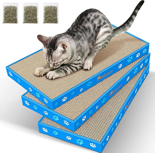 Petslucent Cat Scratching Board, Corrugate Cat Scratcher for Indoor Cats with Box, Cat Scratch Pad with Catnip, Cardboard Cat Scratcher Double-Sided Usability (3PCS)