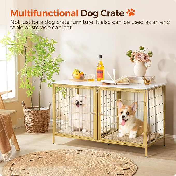 Dog Crate Furniture for 2 Dogs, 43.3" Dog Kennel with Removable Divider, Heavy Duty Wooden Dog Kennel for Small Medium Dog, Indoor Dog Cage End Table with Double Doors, White DCJW1201