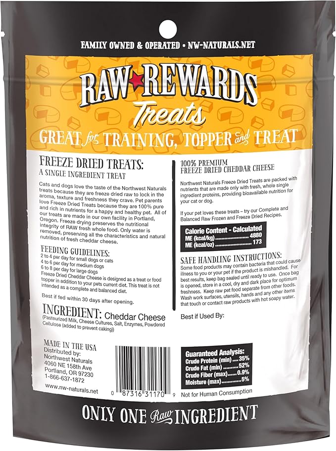 Northwest Naturals Raw Rewards Freeze-Dried Cheddar Cheese Treats for Dogs and Cats - Bite-Sized Pieces - Healthy, 1 Ingredient, Human Grade Pet Food, Natural - 6 Oz (Pack of 3) (Packaging May Vary)