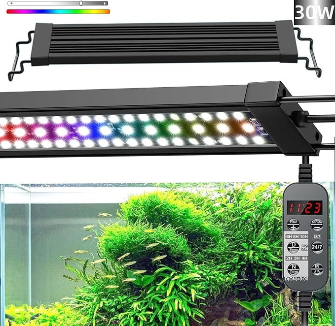 LED Aquarium Light, 24/7 Full Spectrum Dimmable Submersible Light 30-36 inch 30 W for 25/30/35 Gallon Fish Tank, Day+Night Mode DIY Timer Auto On Off, HD Brightness 8 Colors RGB Mode