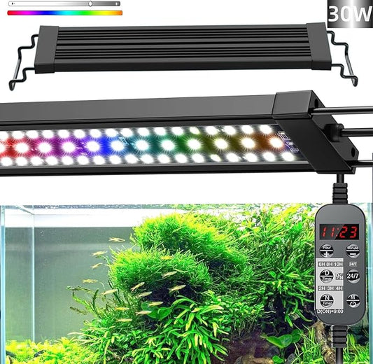 LED Aquarium Light, 24/7 Full Spectrum Dimmable Submersible Light 30-36 inch 30 W for 25/30/35 Gallon Fish Tank, Day+Night Mode DIY Timer Auto On Off, HD Brightness 8 Colors RGB Mode