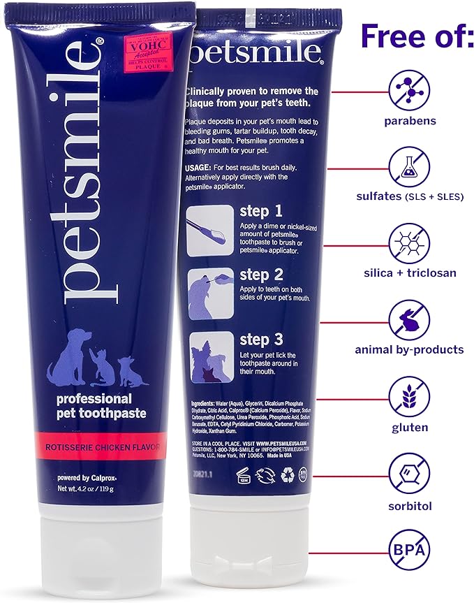 Petsmile Professional Pet Toothpaste - Cat & Dog Teeth Cleaning Supplies - Controls Plaque, Tartar, & Bad Breath - VOHC Accepted Toothpaste - Pet Dental Care Essentials (Rotisserie Chicken, 4.2 Oz)