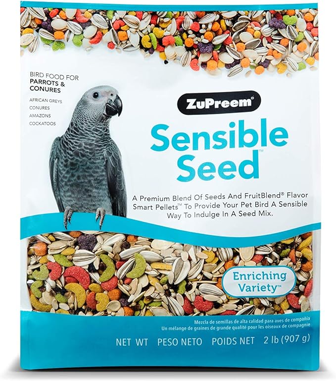 ZuPreem Sensible Seed Bird Food for Parrots & Conures - Premium Blend of Seeds, FruitBlend Pellets for Caiques, African Greys, Senegals, Amazons, Eclectus, Small Cockatoos (2 lb bag)