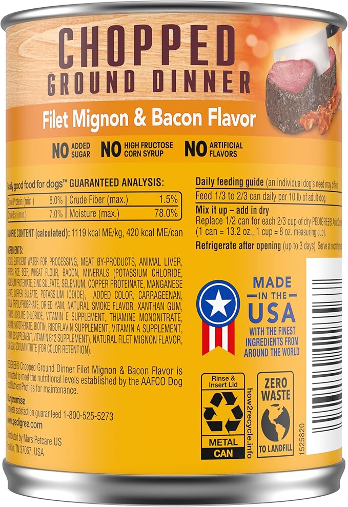 PEDIGREE CHOPPED GROUND DINNER Adult Canned Soft Wet Dog Food, Filet Mignon & Bacon Flavor, 13.2 oz. Cans (Pack of 12)