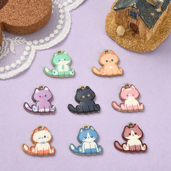 KitBeads 16pcs 8 Styles Kitten Charms Cartoon Animal Pet Charms Flower Printed Mini Cat Charms for Jewelry Making Bracelets Bulk