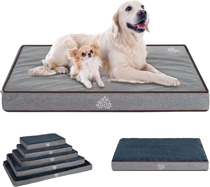 VANKEAN Dog Bed Soft Crate Pad Mat Reversible Cool & Warm, Washable Comfy Kennel Pad with Orthopedic Egg-Crate Foam for Small Medium Large Dogs, Water-Resistant Pet Bed, Gray/Dark Blue