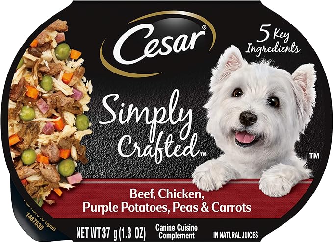 CESAR SIMPLY CRAFTED Adult Wet Dog Food Meal Topper, Beef, Chicken, Purple Potatoes, Peas & Carrots, 1.3oz., Pack of 10