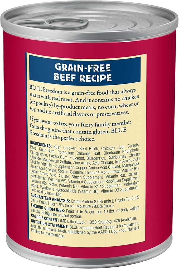 Blue Buffalo Freedom Grain-Free Wet Dog Food, Free of Glutens & Artificial Preservatives, Made With Natural Ingredients, Beef Recipe, 12.5-oz. Cans (12 Count)