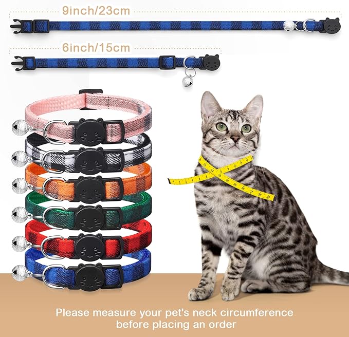 6 Pack Classic Plaid Cat Collars with Bells - Breakaway Kitten Collar and Adjustable 6-9 in,Cute Kitty Collar for Girl Boy Cats,Pet Gifts,Accessories,Supplies,Stuff