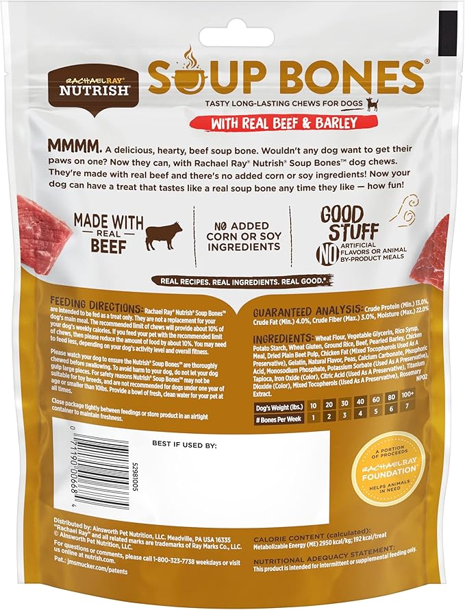 Rachael Ray Nutrish Soup Bones Dog Treats, Beef & Barley Flavor, 3 Bones (Pack of 8)
