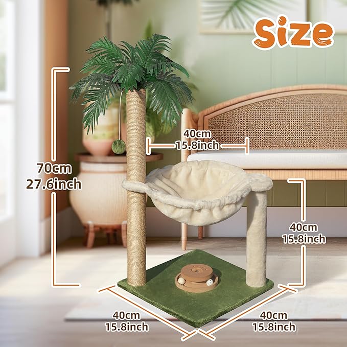 Cat Scratching Post for Indoor Cats 30 Inches Large Square Cat Scratcher with Hammock Cats Wooden Interactive Trackball Toy for Kitten and Adults Cats