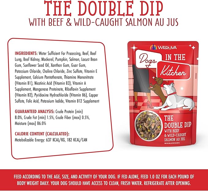 Weruva Dogs in The Kitchen, The Double Dip with Beef & Wild-Caught Salmon Au Jus Dog Food, 2.8oz Pouch (Pack of 12), Red