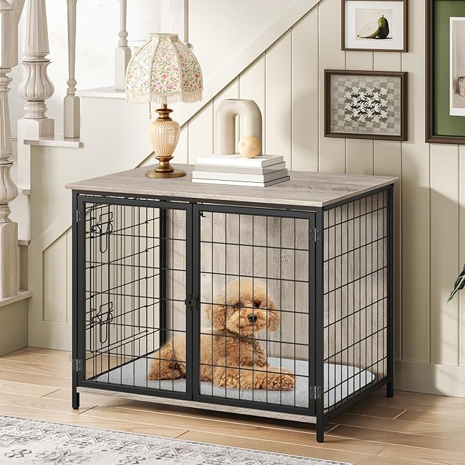 Dog Crate Furniture with Cushion, Wooden Dog Kennel with Double Doors, Heavy Duty Dog Cage for Small/Medium/Large Dogs, Indoor Dog House End Table, 31.5" L, Greige DCHG0701