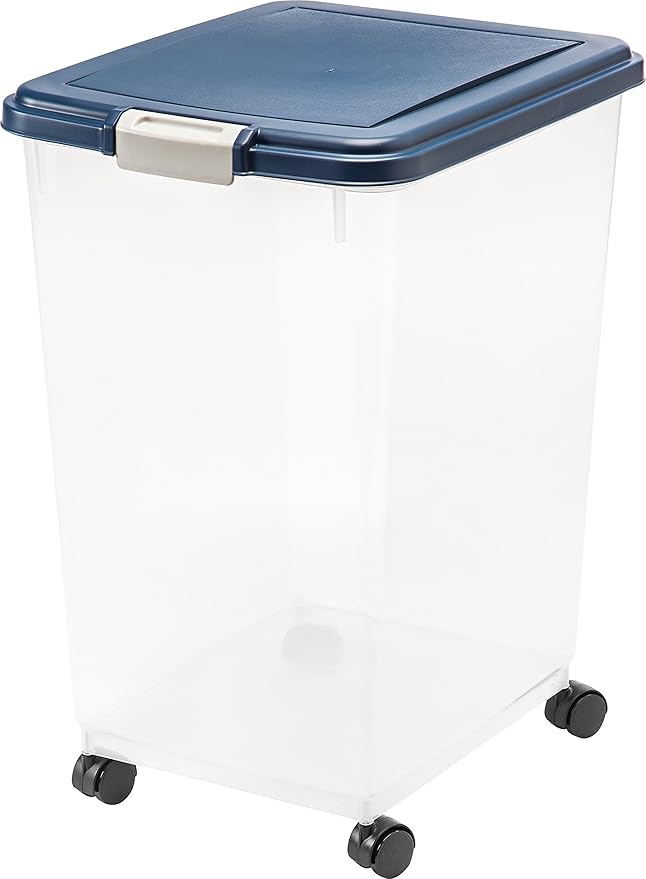 IRIS USA WeatherPro Airtight Dog Food Storage Container, Up to 54 lbs, Attachable Wheels, For Dog Cat Bird and Other Pet Food Storage Bin, Keep Fresh, Translucent Body, Easy Mobility, Navy