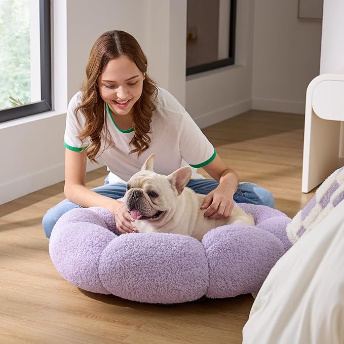 Lesure Calming Medium Dog Bed - Flower Donut Round Fluffy Puppy Bed in Plush Teddy Sherpa, Non-Slip Cute Flower Cat Beds for Indoor Cats, Medium Pet Bed Fits up to 45 lbs, Machine Washable, Purple 30"