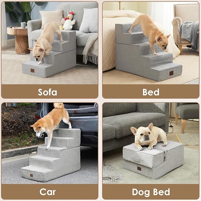 EHEYCIGA Dog Stairs for Bed 18”H, 4-Step Dog Steps for High Bed, Pet Steps for Small Dogs and Cats, Non-Slip Balanced Dog Indoor Ramp, Light Grey