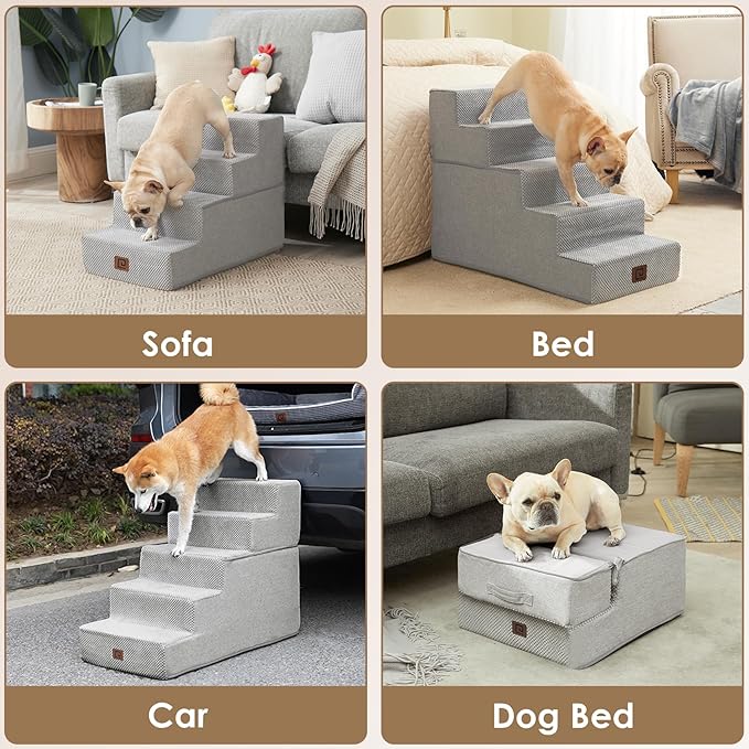 EHEYCIGA Dog Stairs for High Bed 22.5”H, 5-Step Dog Steps for Bed, Pet Steps for Small Dogs and Cats, Non-Slip Balanced Dog Indoor Ramp, Light Grey