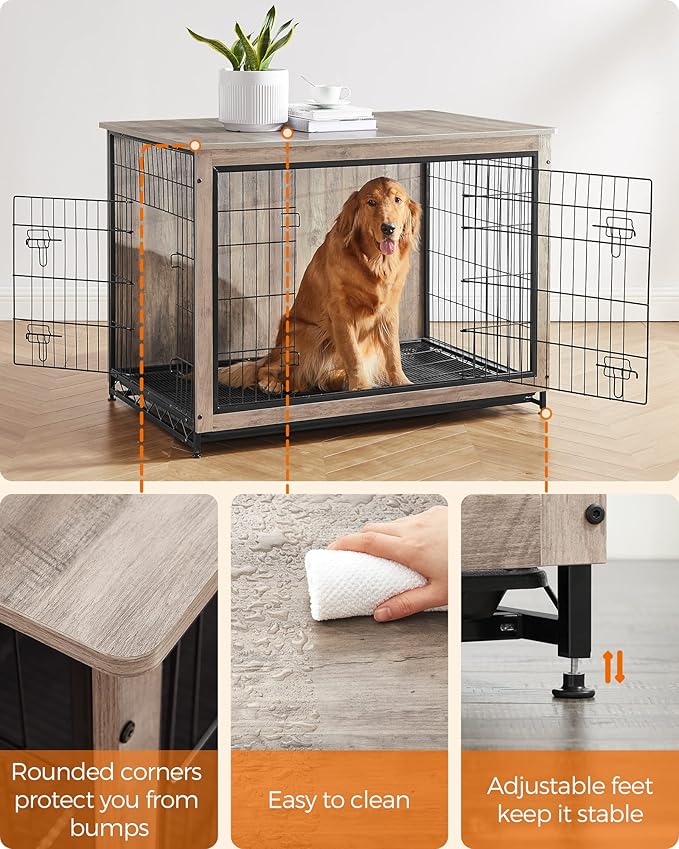 Feandrea Dog Crate Furniture, Side End Table, Modern Kennel for Dogs Indoor up to 80 lb, Heavy-Duty Dog Cage with Multi-Purpose Removable Tray, Double-Door Dog House, Greige UPFC004G01