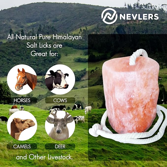 Nevlers 2 Pack Himalayan Salt Lick on Ropes for Animals -All Natural Pure Mineral Block - Himalayan Salt Block for Deer, Salt Block for Horses, Cows, & Other Livestock - 4.5-6 lbs Each