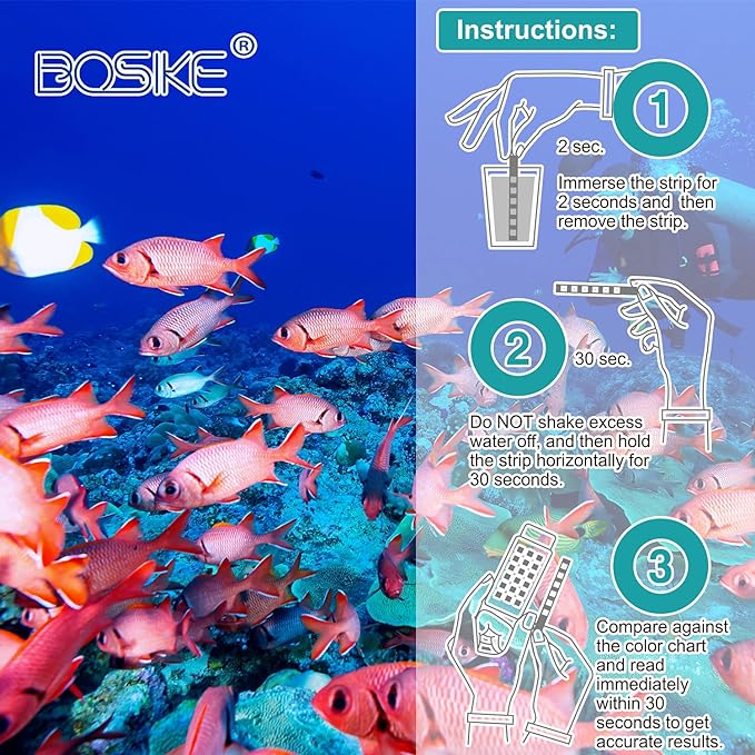 BOSIKE 6 in 1 Aquarium Test Strips Kit - 125 Fresh Water Fish Tank Tester Strips for Total Hardness, Nitrate, Nitrite, Cl2, Carbonate & ph Testing