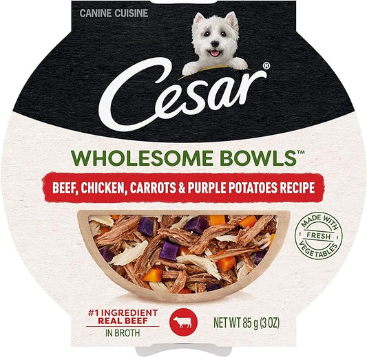 CESAR WHOLESOME BOWLS Adult Wet Dog Food, Beef, Chicken, Purple Potatoes & Carrots, 3 oz., Pack of 10