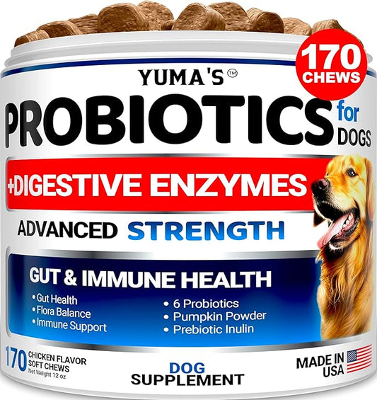 Probiotics for Dogs and Digestive Enzymes - 170 Dog Probiotics Chews - Dog Probiotic - Anti Diarrhea, Upset Stomach & Gas Relief, Constipation, Canine Prebiotic - Pet Fiber Supplement - Gut Health