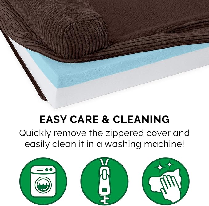 Furhaven Cooling Gel Dog Bed for Small Dogs w/ Removable Bolster & Washable Cover, For Dogs Up to 20 lbs - Fleece & Corduroy Bolster Chaise - Dark Espresso, Small