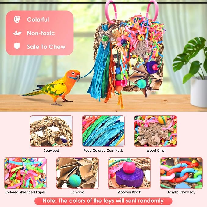 KATUMO Conure Toys, Bird Grass Mat Parakeet Shredder Hanging Toys Cockatiel Foraging Toys Parrot Climbing Wall Toys Lovebird Cage Toys for Small Birds