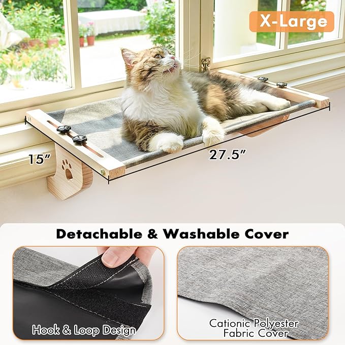 AMOSIJOY Cat Sill Window Perch Sturdy Cat Hammock Window Seat with Wood & Metal Frame for Large Cats, Easy to Adjust Cat Bed for Windowsill, Bedside, Drawer and Cabinet