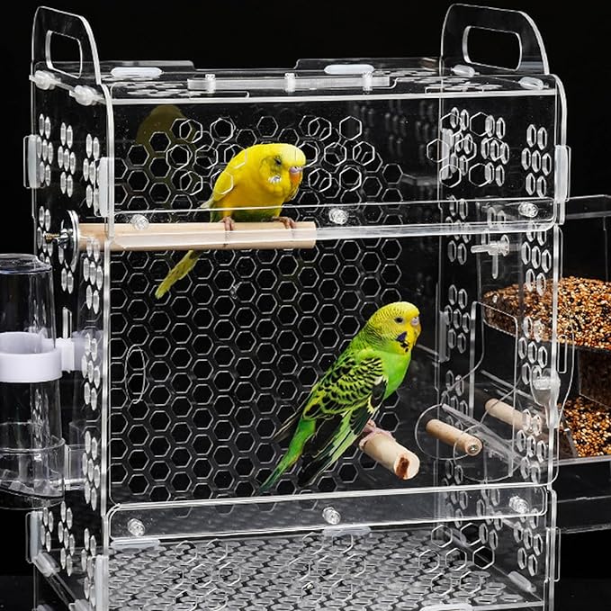 iplusmile Portable Bird Cage, Clear Acrylic Birdcage Hanging Bird Cage House Bird Bath Cage for Parrots, Parakeets, Macaw Lovebirds Bird Accessories