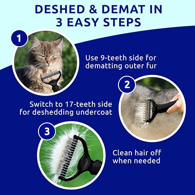 Pat your Pet Deshedding Dog Brush - Double Sided Undercoat Grooming Rake for Dogs & Cats, Dematting Comb and Shedding Tool, Extra Wide, Black