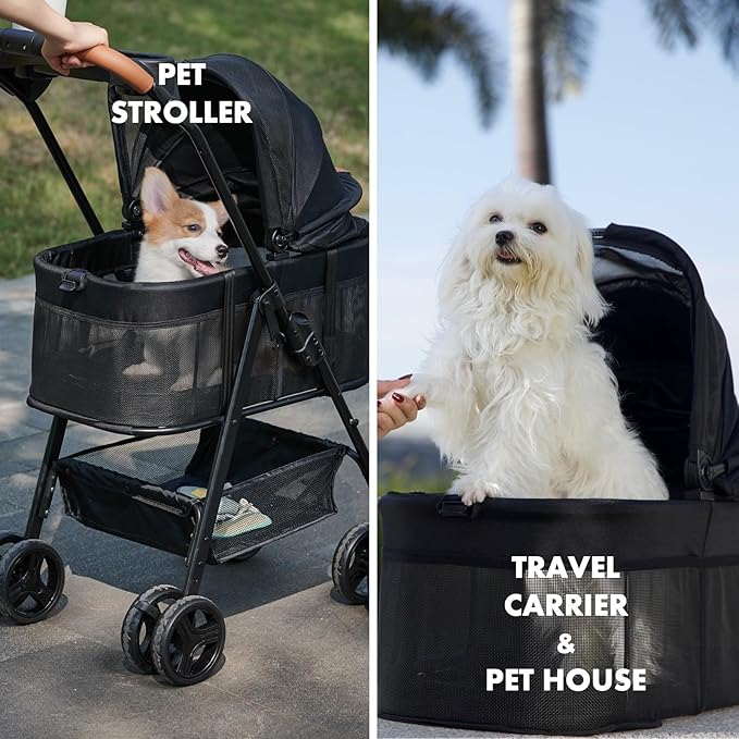 3 in 1 Folding Dog Stroller, Pet Folding Stroller, 4 Wheels Dog/Cat Puppy Stroller w/Removable Travel Carrier for Small/Medium Pet, Waterproof Pad, Car Seat, Sun Shade