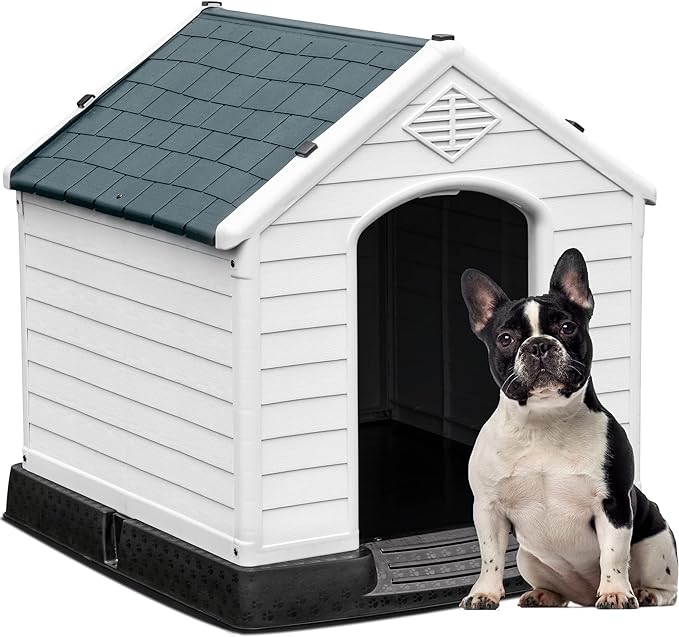 YITAHOME 28.5'' Plastic Dog House Outdoor Indoor Doghouse Puppy Shelter Water Resistant Easy Assembly Sturdy Dog Kennel with Air Vents and Elevated Floor (28.5''L*26''W*28''H, Gray)