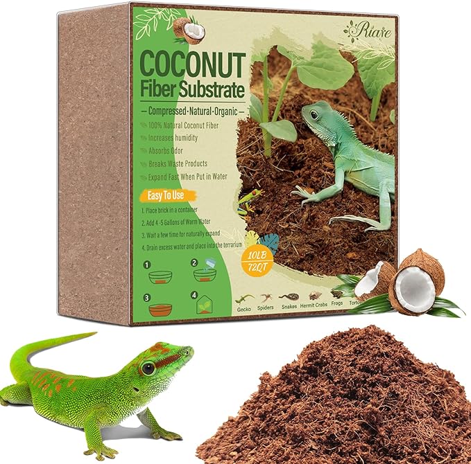 10LBS Natural Coconut Fiber Substrate for Reptile- Premium Compressed Coconut Husk Terrarium Bedding for Reptile, Tortoise, Frogs, Snakes, Hermit Crabs, Burrowing Animals