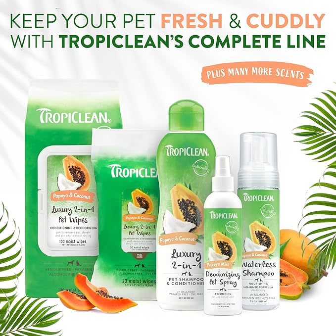 TropiClean Papaya Coconut Waterless Dog Shampoo | Nourishing Dry Shampoo for Dogs | Natural Dog Shampoo Derived from Natural Ingredients | Cat Friendly | Made in The USA | 7.4 oz.