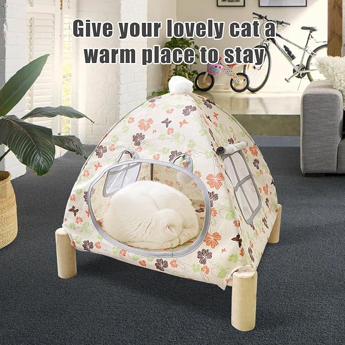 Pozico 2 in 1 Cat Bed Tent Wooden Frame Cat Teepee Cat Hammock, Quick Assembly and Disassembly, Portable Indoor/Outdoor Pet Dog Tent House for Cats Puppies Small Animals:Flowers Leaves Tent