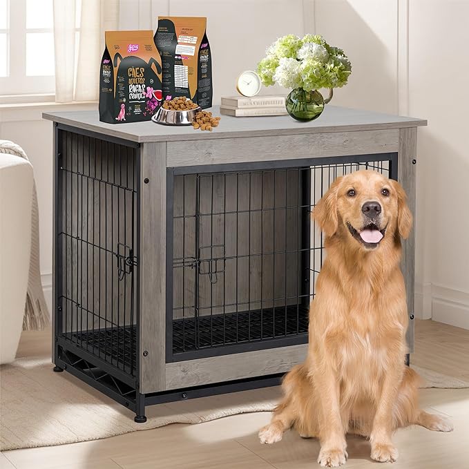 Shintenchi Wooden Dog Crate Furniture for Large Dog, XL Double-Door Kennel Indoor with Removable Tray, End Table XL Dog Crate for Decoration, 44" L*30" W*32" H, Grey