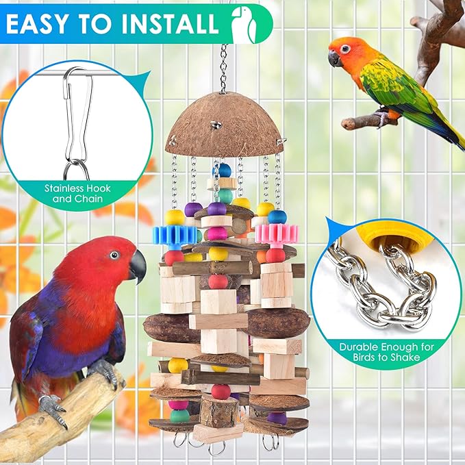 KATUMO Bird Toy, Large Parrot Toy Durable Wooden Blocks Bird Chewing Toy Parrot Cage Bite Toy for African Grey, Cockatoo, Amazon Parrot, Mini Macaw, Medium to Large Birds