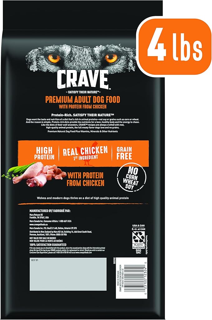 CRAVE Grain Free High Protein Adult Dry Dog Food, Chicken, 4 lb. Bag