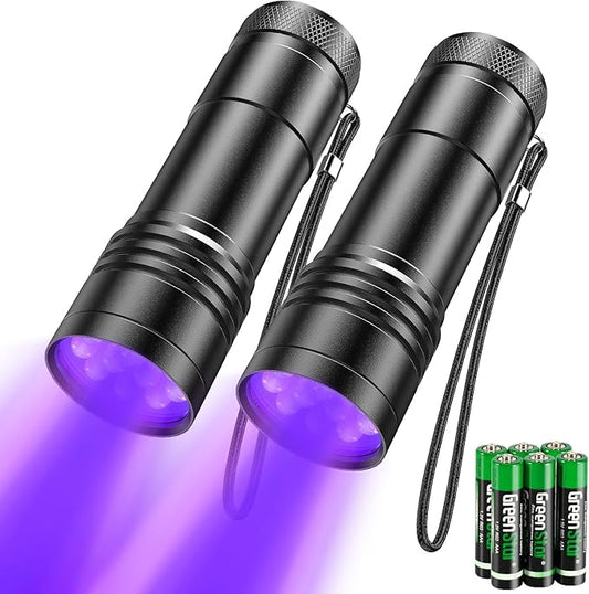 UV Flashlights, 2 Pack Black Light Flashlights with 12 LED and 395 nm Black Light for Pet Urine and House Stains Detecting, 6 AAA Batteries Included