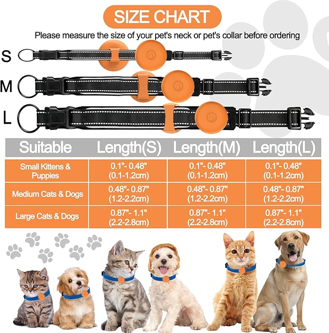 IPX8 Waterproof AirTag Dog Collar Holder, Hidden Air Tag Case for Cat Collar, Anti-Lost Silicone Cover for AirTag GPS Tracker Compatible with Pets Loop, Fits All Width Collars(Orange S)