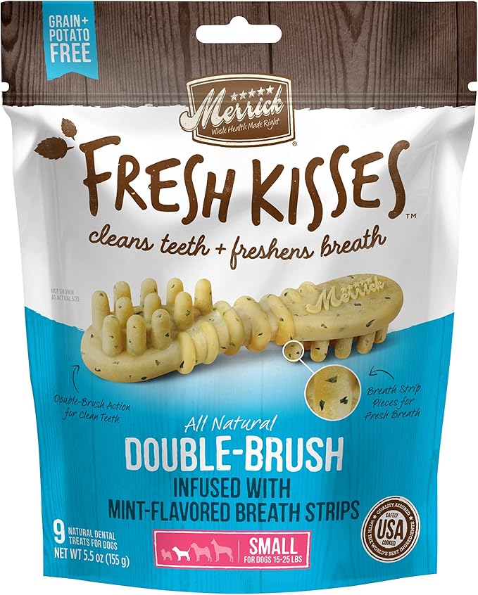 Merrick Fresh Kisses Double-Brush Dental Dog Treats with Mint Breath Strips for Small Dogs 5.5 Ounce (Pack of 2)
