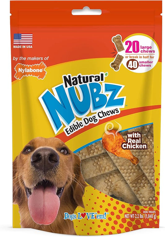 Nylabone Nubz Natural Edible Chew Treats for Dogs, Made in USA, Chicken Flavor, Large - Up to 50 lbs. (20 Count)