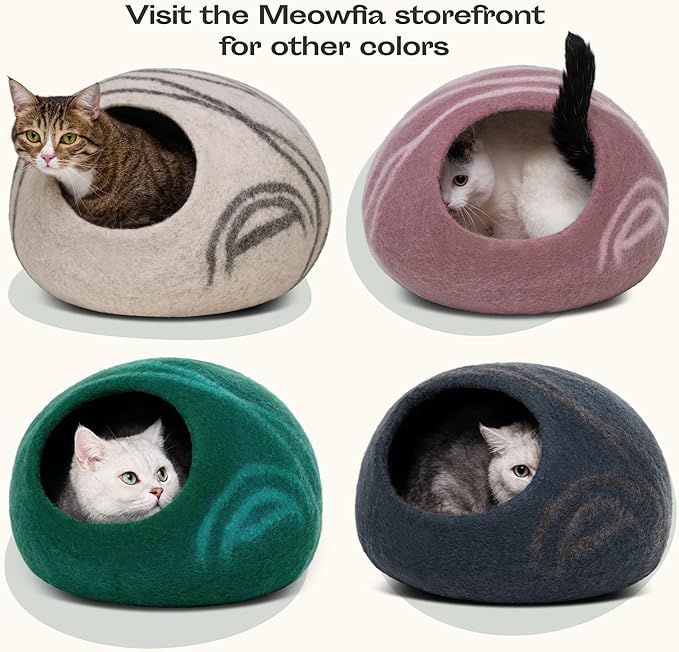 MEOWFIA Premium Felt Cat Bed Cave - Handmade 100% Merino Wool Bed for Cats and Kittens (Light Shades) (Large, Aquamarine)