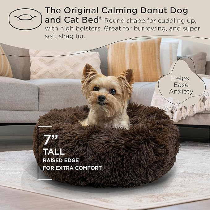 Best Friends by Sheri The Original Calming Donut Cat and Dog Bed in Shag Fur Shag Dark Brown, Extra Small 18"